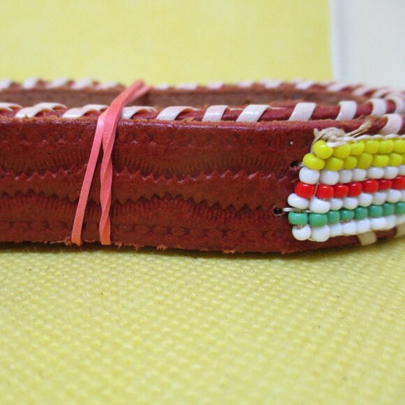 Seed Bead Tan Embossed Genuine Leather Belt Gold Tone Buckle Southwestern Beaded - Picture 4 of 6